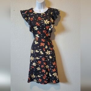 YATHON Black Floral Ruffled Feminine Midi Dress Size Medium